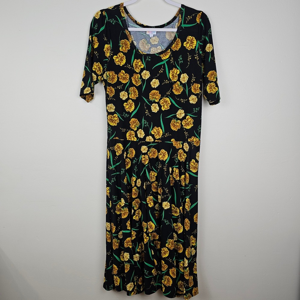 LuLaRoe Dress Women 2XL Black Yellow‎ Floral Nicole Fit & Flare Short Sleeve